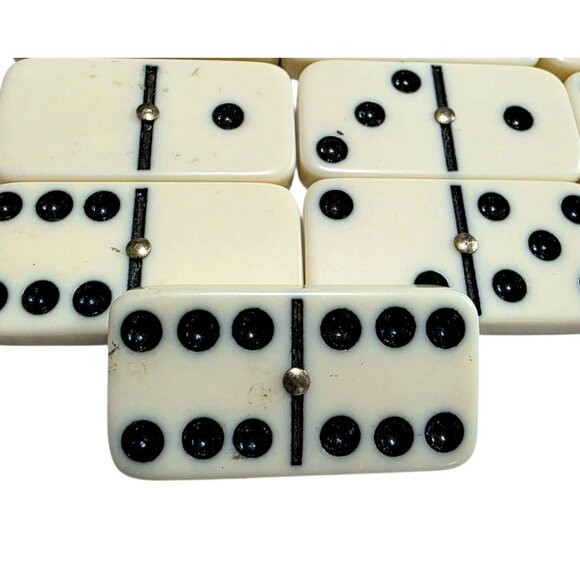 Vintage Domino Set Leatherette Case 28 Heavy Tiles Brass Spinner Travel Game - Picture 3 of 9